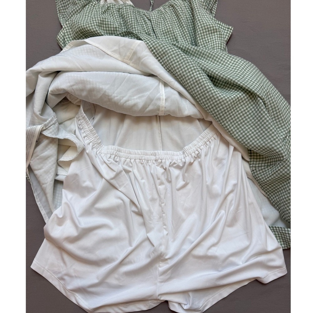Hollister Sage Green Gingham Ruffle Mini Dress Built-in Shorts L - Picture 5 of 7